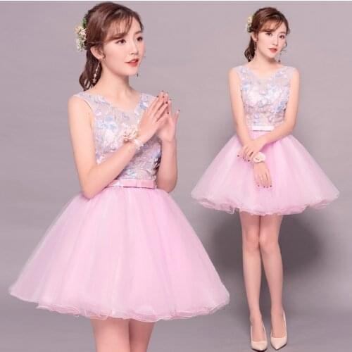 Pink short sweat lace lady girl women princess bridesmaid banquet party ball dress gown