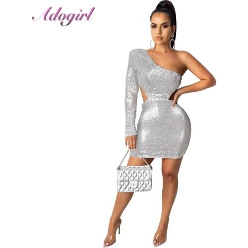 Sexy Sequined Spliced Bodycon Mini Dress Women One Shoulder hollow out Backless evening party club d
