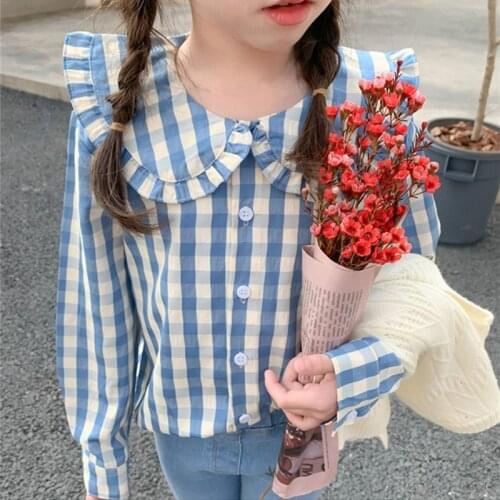 Spring Autumn Baby Girls Long Sleeve Plaid Blouses Fashion Korean Peter Pan Collar Casual Shirts Kids Clothes Girls Tops 2-7Yrs