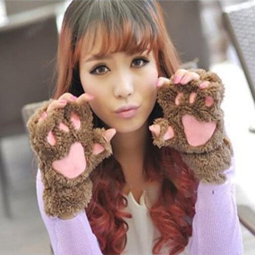 Cute Cat Claw Paw Plush Mittens Women Warm Soft Plush Short Fingerless Fluffy Bear Cat Gloves Costume Half Finger Black Beige