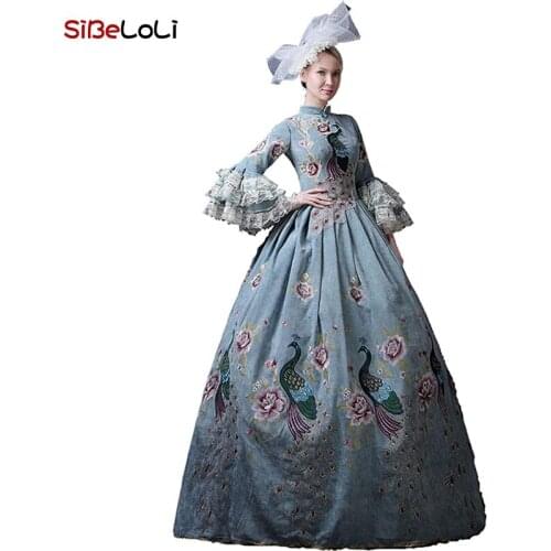 Blue/Champagne Embroidery Medieval Renaissance Rococo Marie Antoinette Dress Victorian Period Gothic Ball Gown Halloween Costume