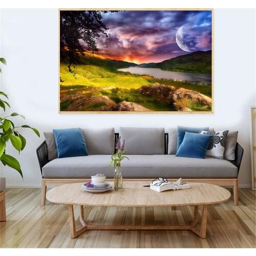 Nordic Landscape Painting Wall Art Fantasy Nature Modern Sunset Mountain Tree Canvas Paintings Wall Picture for Living Room