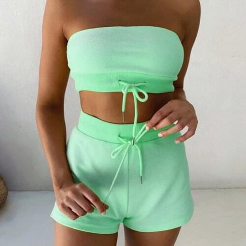 Strapless Tops And Shorts Set For Women 2021 Fashion Summer Clothing Set Two Pieces Tracksuit Drawstring Suit For Female Sexy