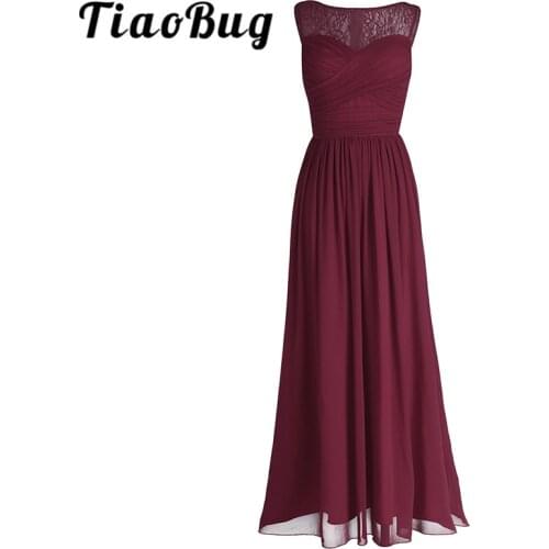 TiaoBug Women Ladies Chiffon Empire Lace Bridesmaid Dress Prom Gown Sleeveless A-Line Pleated Padded Long Wedding Party Dresses