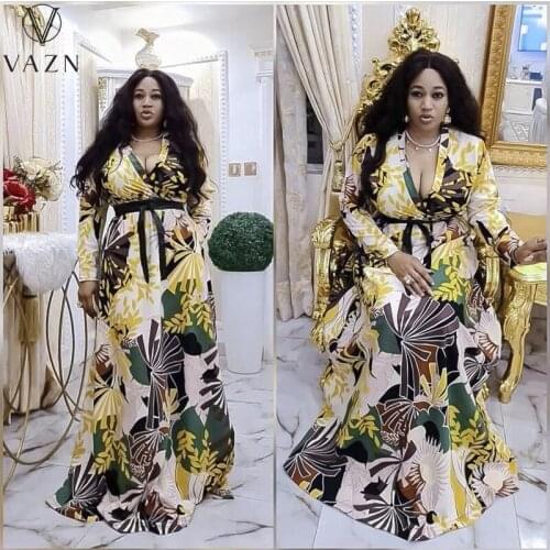 VAZN 2021 Full Sleeve Seaside Beach Vocation Dresses New Arrival Summer Party Print Maxi A-line Dress Casual Sundress