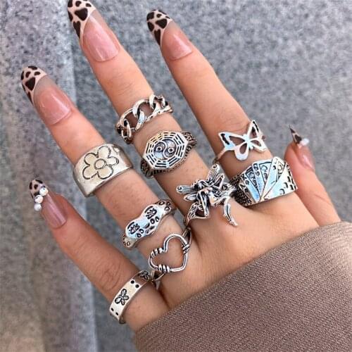 Punk Vintage Ring Set 9Pcs Gossip TaiChi Women Spades Ace Silver Flower Fairy Butterfly Heart Daisy Charm Rings Finger Jewelry