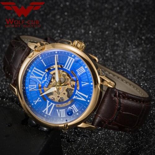Vintage Roman Surface Luxury Mens Mechanical 3bar Waterproof Male Wrist Watch Leather Strap Business Mechanical Watch WOLF-CUB