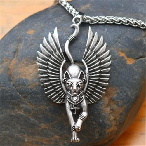 WICCA Pagan Talisman Egyptian Sphinx Jwelry For Women Men Amulet Egypt Cat Angel Wings Bastet Ethnic Cat Jewelry Male Necklace