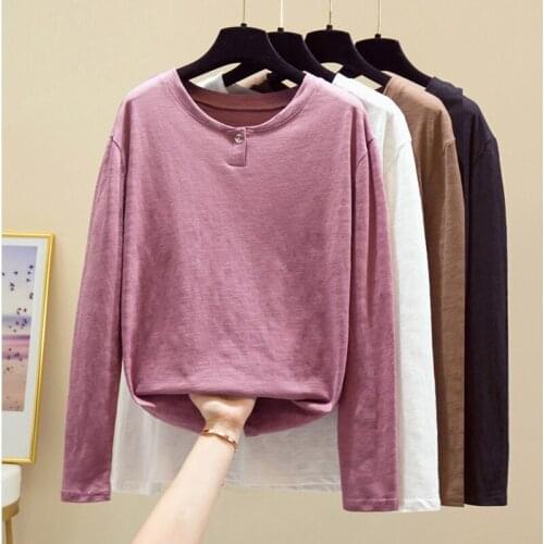 Gkfnmt Autumn Long Sleeve T-shirt 2020 Fashion Solid Female White 100% Cotton Women Tshirts Casual Button Tee Shirt Femme P Tops