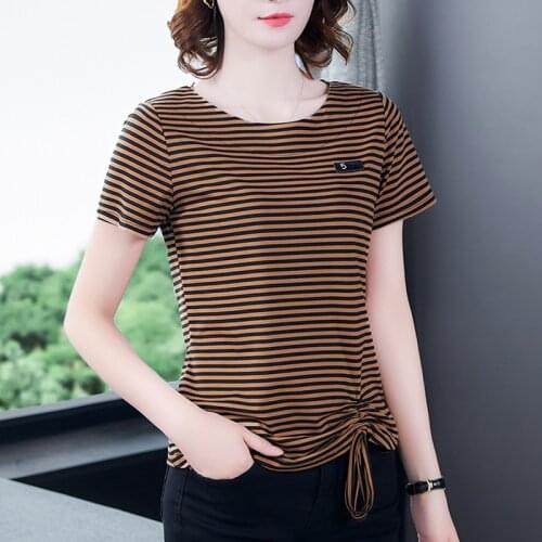 Bow Drawstring T-Shirt Women Striped Appliques Tops Women Tshirt Korean Fashion Womens Clothing Camisetas Mujer Tee Shirt Femme