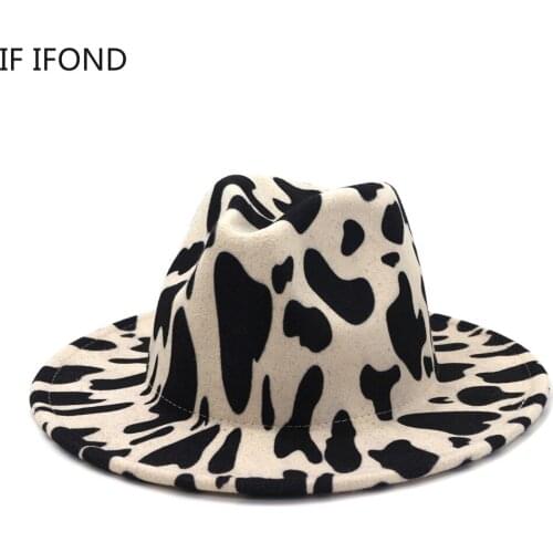 2020 Winter Autumn British Style Wool Top Jazz Hat Wide Brim cow pattern Cap Fashion Fedora hats for women wedding hat