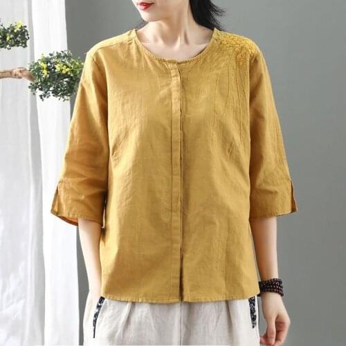 Women Cotton Linen Casual Shirts New Arrival 2021 Summer Simple Style O-neck Vintage Embroidery Loose Female Tops Tees S3659