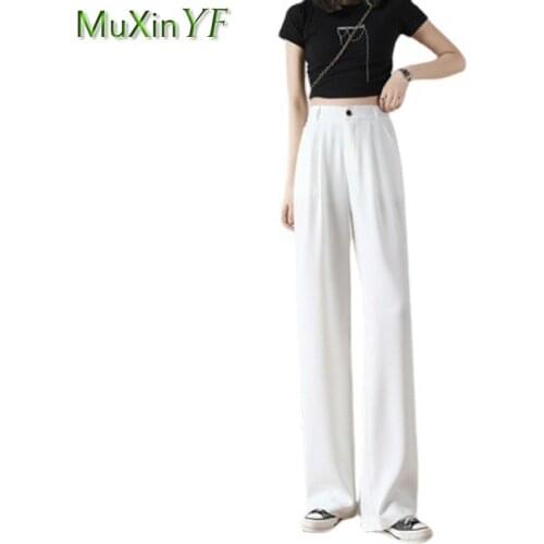 Women Thin Long Suits Pants Summer 2021 New Office Lady Graceful Solid High Waist Straight Trousers Casual White Wide Leg Pant