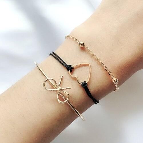 3pcs/lot Hollow Love Bow Charms Bracelets Stacked Gold Bracelet for Women Fashion Black Tether Jewelry Wholesale Drop Shipping