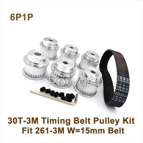 POWGE 6pcs 30 Teeth 3M Timing Pulley Bore 6.35/8mm + 1pcs 261 3M Synchronous Belt 30T 30Teeth HTD3M Pulley CNC Machine 261-3M