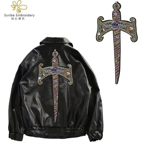Large Cross Sword Patches Beaded Crystal Rhinestones Embroidery Applique DIY Jacket Badges 5 pieces