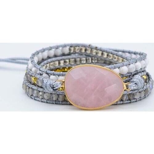 Pink Crystal Narural Stone Wax Rope Bracelets Egg Shape Natural Stone 5 Strands Wrap Friendship Bracelets