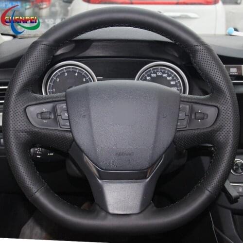 DIY Hand-Stitched Black Leather Steering Wheel Cover For Peugeot 408 2014-2019 Traveller 2016-2019 Car Interior Accessories