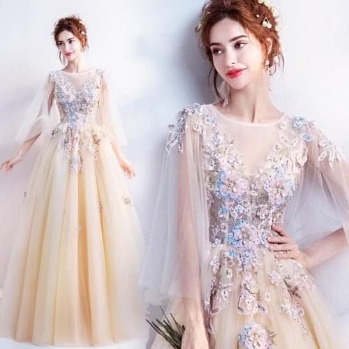 Yellow Mesh Evening Party Dress Embroidery Beads Appliques Long Ruched Prom Dress Lace Round Neck Long Sleeve Formal Dress