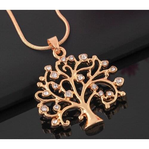 DoreenBeads Fashion Lampwork Glass Tree of Life Necklace For Women Jewelry Gold Color Clear Rhinestone Pendant 46.5cm long, 1 PC