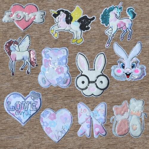 Unicorn Cat Rabbit Bear Heart-shaped Fluff Sequins Icon Embroidery Applique Patch For Clothes DIY Iron on Badges on the Backpack
