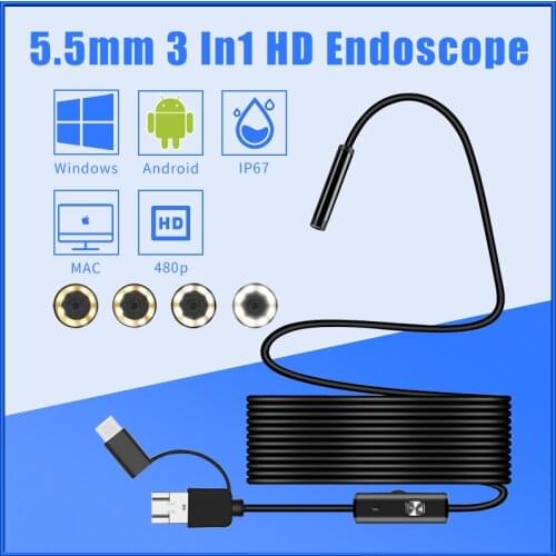 5.5mm 3 in 1 HD Video Camera Endoscope TYPE-C Mobile Computer Industrial Tube Inspection Waterproof IP67 1-10m