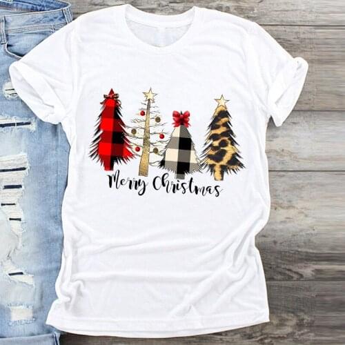 FIXSYS 90s Girls T-shirts Fashion Women T-Shirt Female Warm Wishes Tee Shirt New Year Merry Christmas Tree Print Graphic T Shirt