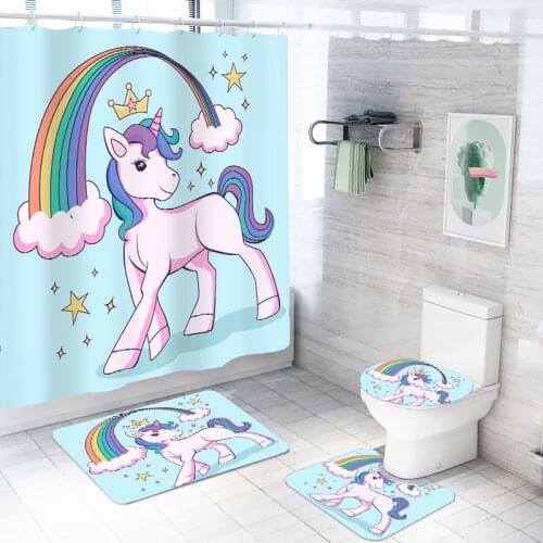 Cartoon Unicorn Waterproof Bath Shower Anti-Slip Rug Floor Mat Bathroom Sets 4Pcs Bathroom Decor Polyester Bathroom Accessories
