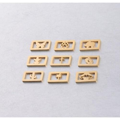 5Pcs Gold Stainless Steel Rectangle Angel Lips Butterfly Cactus Feet Bear Paw Charm Connectors Bracelet Necklace Making Material
