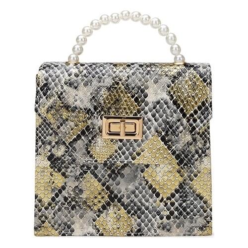 Fashion Snake Leather Women Shoulder Pearl Handbag Totes PU Mini Metal Chain Crossbody Bags Popular Simple Female Daily Bag