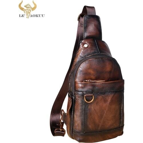 2020 Trend Men Original Real Leather Casual Fashion Coffee Triangle Chest Design Sling Bag One Shoulder Crossbody Bag Male 8016