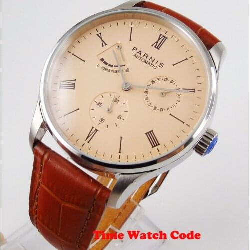 2020 PARNIS 42mm Rose golden dial Power Reserve Mechanical Automatic Mens Watch Date indicator Roman numerals leather strap