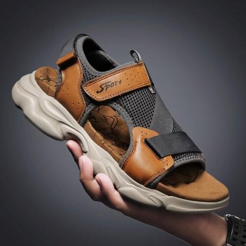 Cow leather men sandals mesh patchwork sandal thick heel leisure guys beach shoes trendy summer sneaker z878