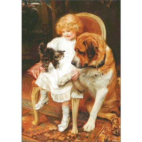 Girl with Ccat and Dog Cross Stitch Kits Needlework 14CT Unprinted Embroidery Top Quality Counted DIY Handmade Decoration