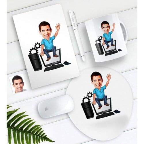 Personalized Mr Computer Engineer Caricature Of Notebook Pen Mug Mouse Pad set