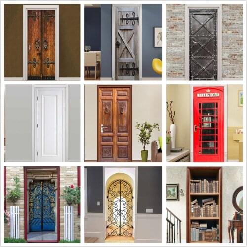 Wood Grain Door Sticker Beautiful Scenery PVC Self Adhesive Stickers Art Mural Deursticker House Stuff for Home And Decoration