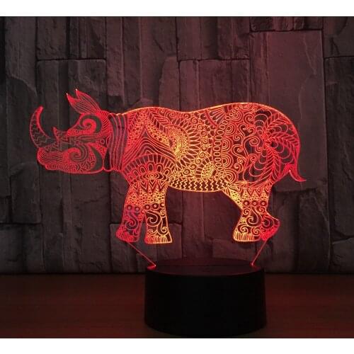 Rhino 3D Small Night Lamp Manufacturer Colorful Colorful Led Night Light Smart Home Decoration 3d Light Fixtures Drop Shipping