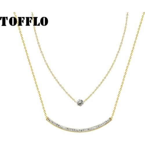 TOFFLO Stainless Steel Jewelry Smile Zircon Double Layered Necklace Womens Fashion Clavicle Chain BSP943