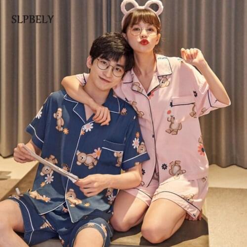 SLPBELY Couple Pajamas Set Homesuit Summer Cute Plaid Cartoon Bear Short Sleeve Lapel Lover Pajamas Men Women Pyjamas Pijamas