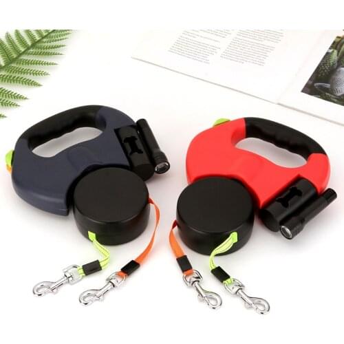 Durable Double Dog Leashes Automatic Retractable Nylon Lead Extension Puppy Walk Roulette with Light Fidget Toy Poop Bag Case