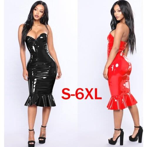 Sexy Club Dress Plus Size PVC Wet Look Leather Dresses Sexy Strapless Mermaid Bodycon Sheath Midi Dress Evening Party Vestidos
