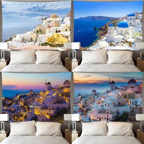 Aegean sea scenery hanging cloth sky sea house background cloth bedroom bedside home decoration tapestry