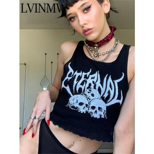 LVINMW Black Skull Print knitted Ruffle Gothic Tank Tops Off Shoulder Casual Crop Top Summer women 2019 Female Streetwear Tops