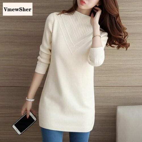 VmewSher New Winter Mock Neck Women Sweater Long Female Loose Solid Pullover Autumn Warm Ladies Elegant Knit Jumper Top 2020