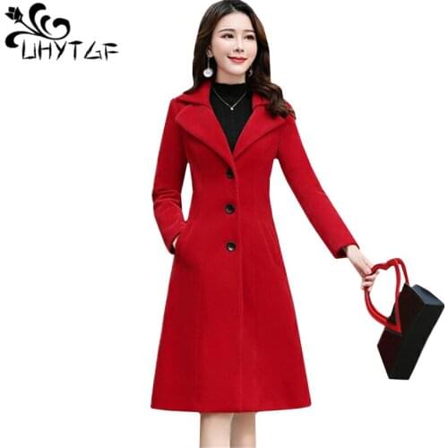 UHYTGF High quality winter wool coat single-breasted slim long jacket Lapel temperament Lapel temperament casual woolen coat 820
