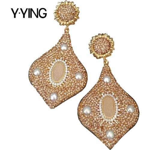 Y·YING White Pearl Druzy Champagne color Macacrsite Dangle Stud Earrings flower gold color plated vintage for women