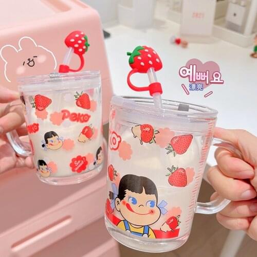 Japanese Cute Cartoon Glass Mug With Lid Strawberry Straw Cup Household Sealed Water Mugs Children Milk Coffee Breakfast Cups
