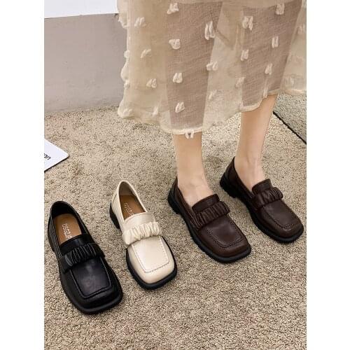 Womens Shoes Leather Shoes 2021 New Spring and Autumn Fashion Retro Square Toe Thick Heel Non-slip Loafers Womens Shoes