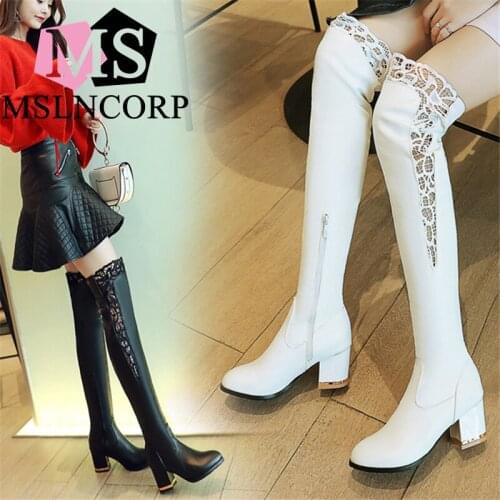 Plus Size 32-43 Autumn Winter New Lace Women Leather Boots Sexy Fashion Over the Knee Boots High Heel Platform Party Woman Shoes