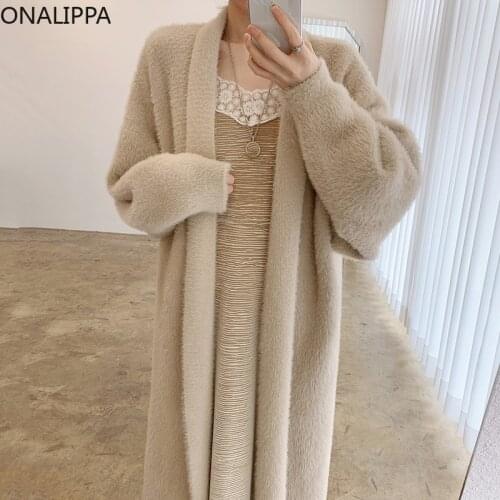 ONALIPPA Winter Jacket Korean Chic Elegant Temperament Loose Casual Mid-Length Long-Sleeved Warm Imitation Mink Cardigan Coats